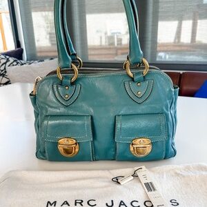 Marc Jacobs Blake Satchel Bag Blue Calfskin Leather/Gold Hardware/Suede Interior